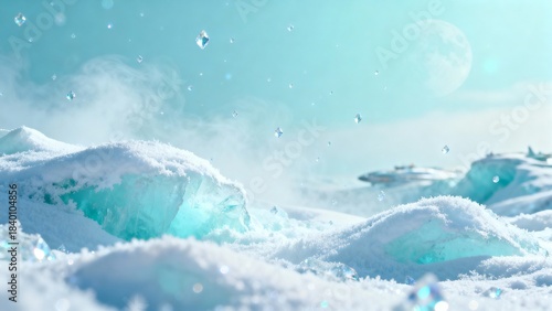 Magical Snowy Landscape with Floating Frozen Crystals and Soft Blue Light.