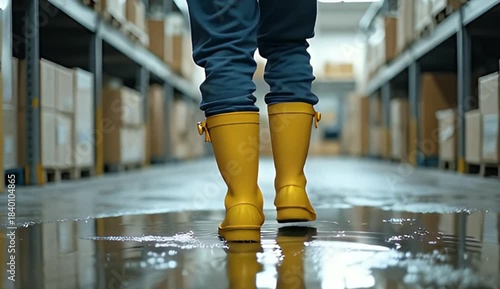 Industrial worker in yellow rubber boots walks through standing water and puddles in a flooded warehouse aisle.