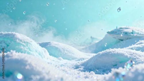 Dreamy Blue Snowfield with Sparkling Ice Crystals in Winter Air.