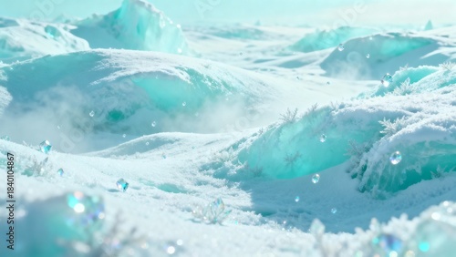 Soft Frozen Snow Landscape with Floating Crystal Ice Particles.