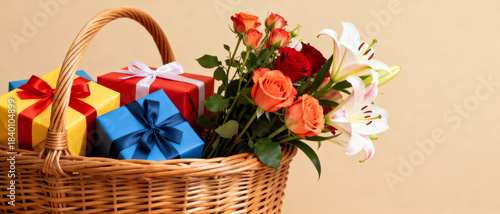 A festive basket overflowing with gifts and a beautiful floral arrangement