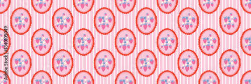 Cute seamless pattern with vintage-style strawberry in cameo framed scalloped design over soft pink vertical stripes. Ideal for fabric design, gift wrap, banner, stationery design.