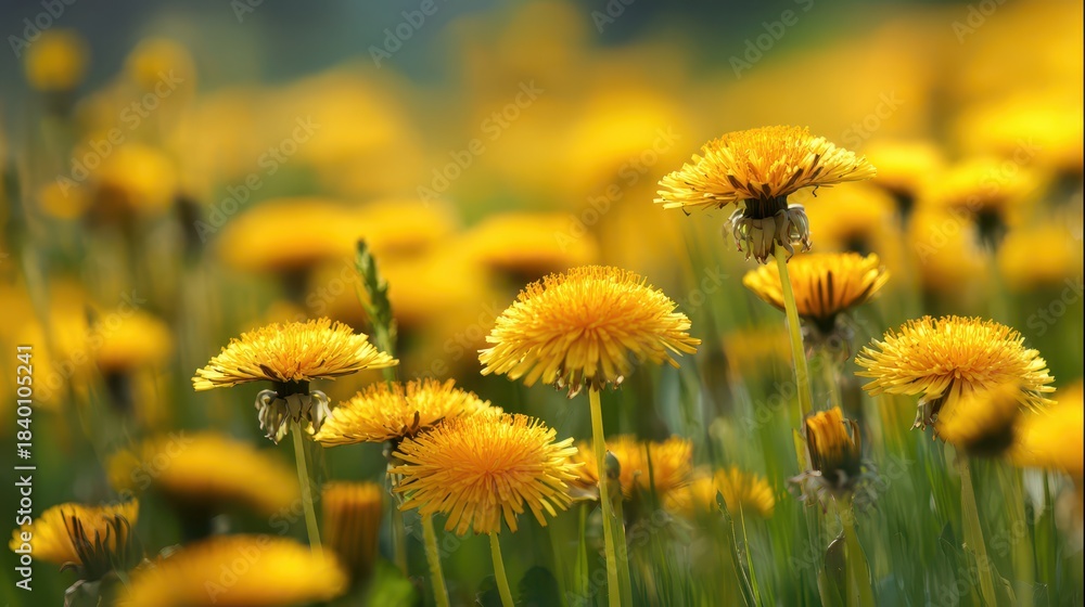 Fototapeta premium Close-up of bright yellow dandelion flowers in a sunlit meadow