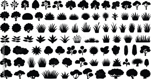 Large collection of tree, bush, grass, and plant silhouettes offering diverse botanical vector elements for landscape design, gardening projects, nature illustration work