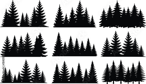 Forest pine tree silhouette collection featuring diverse evergreen woodland shapes, natural landscape elements, detailed black vector silhouettes for creative design projects
