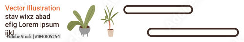 Home decor, nature, gardening, green living, plant care, interior design. Two potted plants with placeholder text. Home decor and nature with text layout ideas