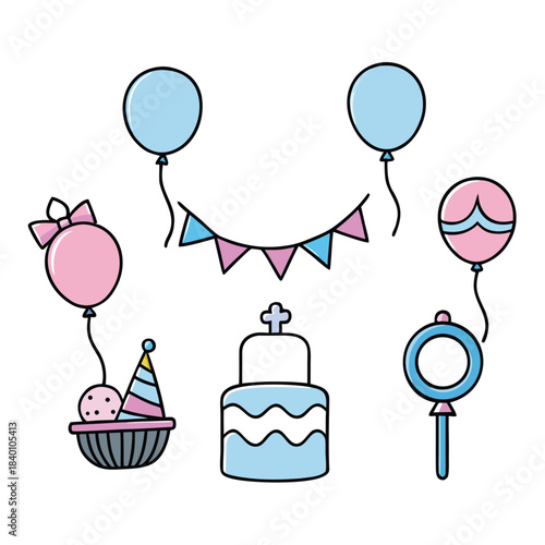 Stylized vector set for baby celebration, christening, or birthday party, isolated on white background