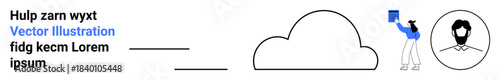 Cloud storage, data safety, cybersecurity, user access, information management, remote services. Person interacting with cloud storage and a shield icon. Cloud storage and data safety concept