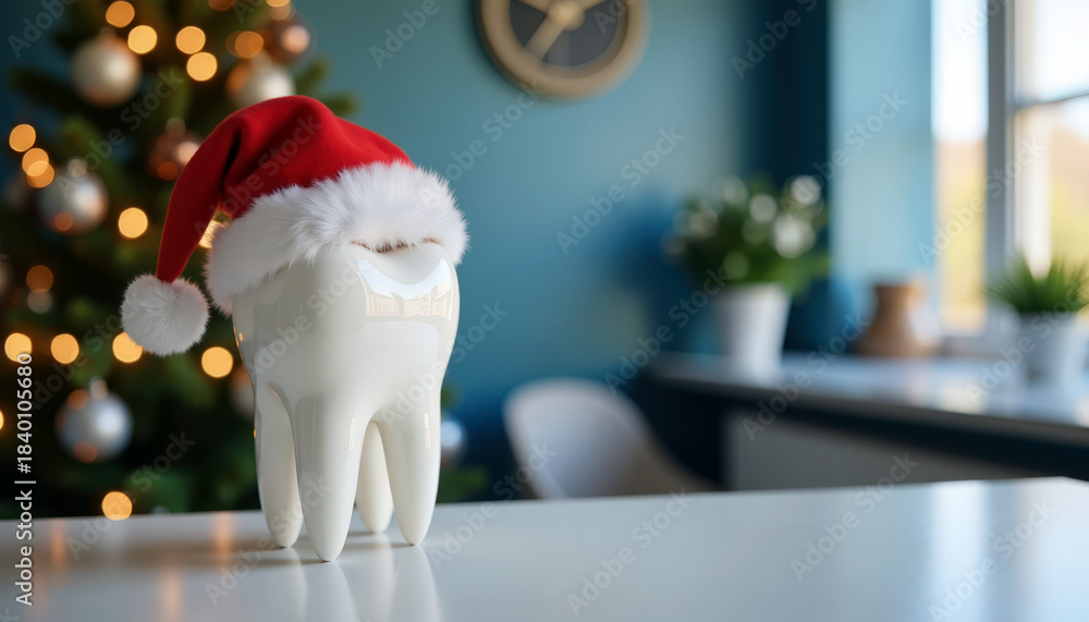 Fototapeta premium Ceramic tooth wearing santa hat on white table in festive dental office with christmas tree and clock