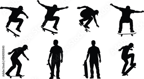 Skateboarder silhouette collection, trick pose, riding stance, urban sport, youth culture, dynamic movement, cad drawing flat vector illustration, black icons, action style