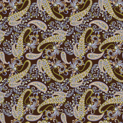 Floral seamless pattern with paisley ornament. Vector illustration in asian textile style