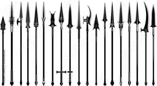 Spear silhouette collection, weapon design, blade shapes, fantasy gear, tribal style, medieval arms, cad drawing flat vector illustration, black icons, combat tools