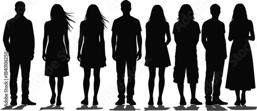 Standing silhouette group, diverse fashion, male and female figures, hairstyle variety, outfit styles, vector illustration, black icons, posture, identity, demographic
