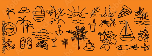 collection of beach-themed line-art icons 