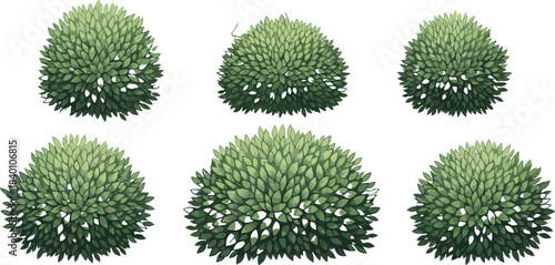 Top-Down View of Six Stylized Green Bushes and Shrubs Vector Illustration for Game Design, Landscape, Nature, and Garden Scene Elements.