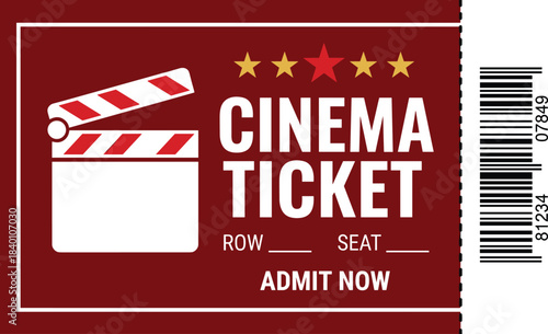 Vector cinema movie ticket graphic in red and white featuring a clapperboard, stars, and barcode for entertainment and show concepts.