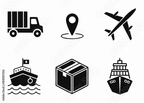 Set of six black icons representing different modes of transportation and logistics