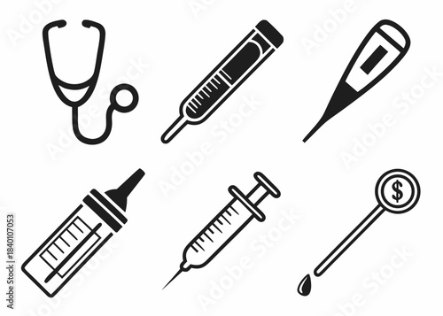 Collection of medical icons including stethoscope thermometers syringes and a dollar sign symbol