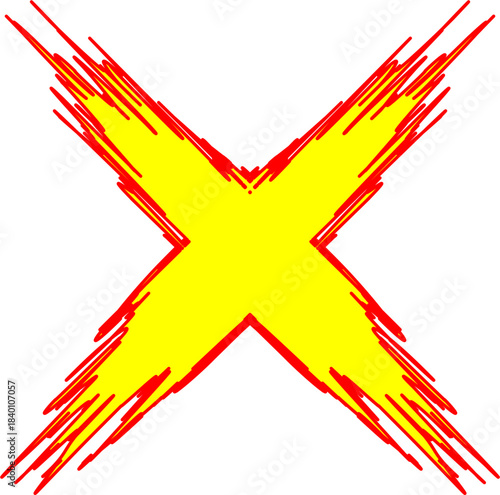 A vibrant yellow 'X' symbol with a dynamic, spiky red outline, resembling a burst or grunge effect on a white background.