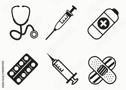 Collection of medical icons including stethoscope syringe pills and bandages
