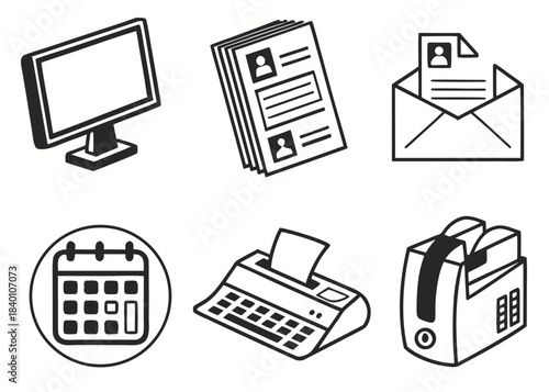 Set of office and business icons including computer resumes envelope calendar fax machine and shredder
