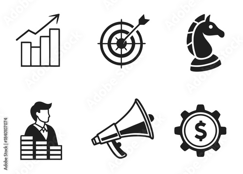 Business icons representing growth strategy success and finance