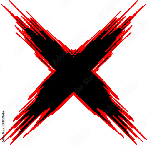 A bold, distressed black 'X' mark with a vibrant red, brushstroke-style outline on a white background, conveying a grunge or error aesthetic.