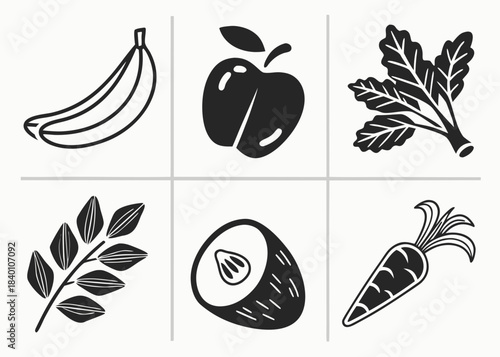 Collection of stylized fruit and vegetable icons in black and white
