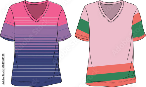T-shirt design, gradient stripes, color block, casual fashion, summer wear, trendy apparel, neckline style, cad drawing flat vector illustration