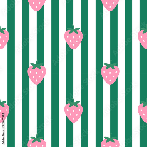 Strawberry pattern vector illustration featuring pink strawberries on green and white vertical stripes. Suitable for textile designs, backgrounds, and creative projects.