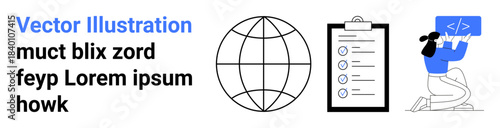 Digital transformation, global communication, task management, software development, coding education, workflow automation. Globe, checklist and woman coding on a laptop. Digital transformation