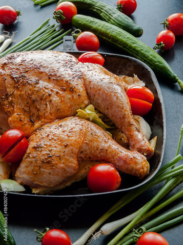 Whole raw chicken marinated with soy sauce and spices added with red tomatoes and leek in pan.
