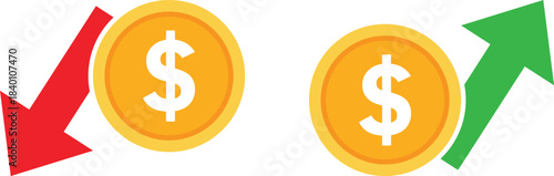Red down arrow next to gold coin with dollar sign and green up arrow vector