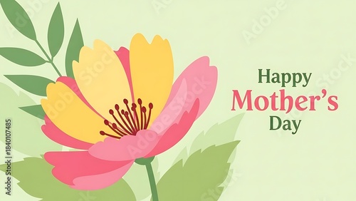 Happy Mother's Day greeting with a beautiful blooming pink and yellow flower and green leaves