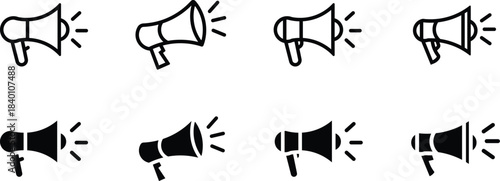 Set of eight megaphone icons in outline and solid black styles loudspeaker icon bullhorn icon
