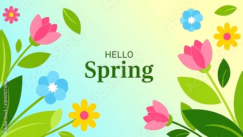 Vibrant illustration celebrating the spring season, featuring colorful blooming flowers and fresh green leaves on a cheerful pastel gradient background, perfect for seasonal greetings and banners