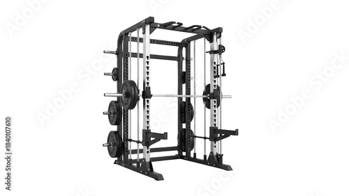 Black and white gym power cage with barbell and weight plates squat rack gym equipment