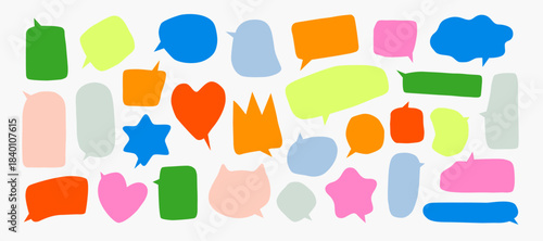 Organic frame shapes. Irregular form speech bubbles. Fun colorful collage doodle textboxes. Vector multicolored fun child icon text boxes. Liquid rounded shape elements. Crown and hearts bubbles set