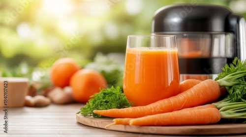 Fresh vegetable juice prepared with a juicer. This vibrant image showcases bright carrots and greens, emphasizing healthy living through delicious beverages. Perfect for health enthusiasts. AI