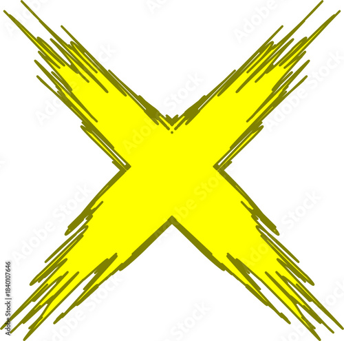 A vibrant yellow 'X' symbol with a dynamic, distressed, and spiky brushstroke effect, standing out against a plain white background.