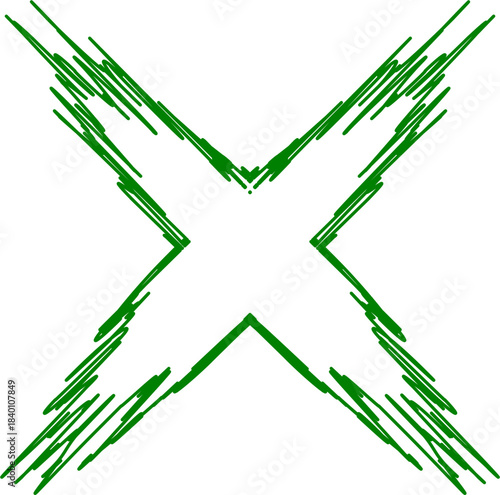 Abstract green X shape with jagged, spiky lines radiating outwards on a white background.