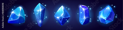 Blue gem stones set isolated on background. Vector cartoon illustration of shimmering diamond crystals, treasure game design elements, magic gemstones shining in dark, fantasy jewels, casino icons