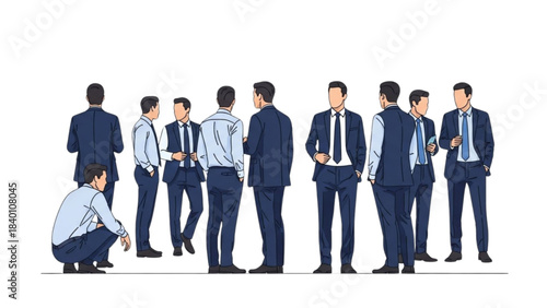 Group of professional businessmen in suits networking. Corporate team meeting illustration.