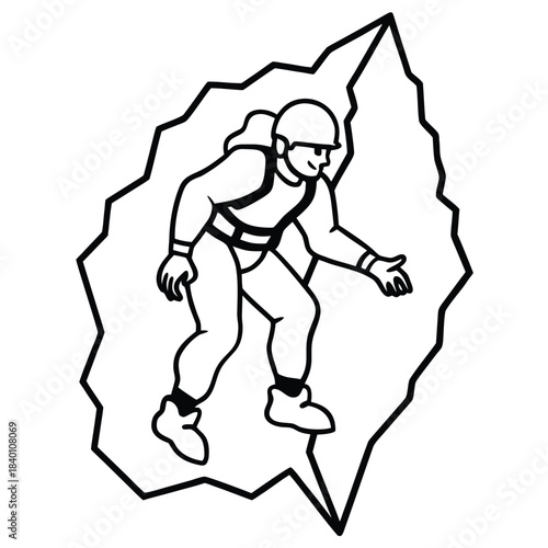 Rock climber in safety harness on jagged rock face isolated on white