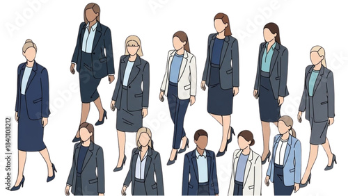 Illustration of a crowd of diverse businesswomen moving forward together.