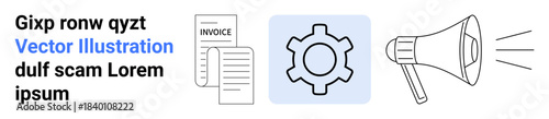 Megaphone emitting sound waves, invoice document, and gear symbolizing communication, business processes, and productivity. Ideal for marketing, finance, automation, teamwork planning outreach