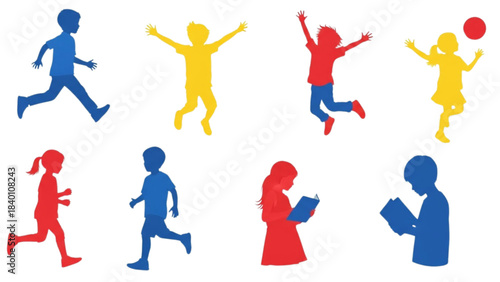 Colorful Silhouettes of Children Playing and Reading, a Graphic Illustration