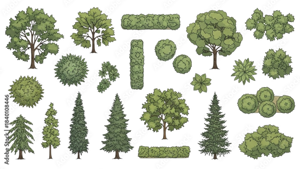 Fototapeta premium Illustrated Set of Tree and Shrub Symbols for Landscape Design Plans.