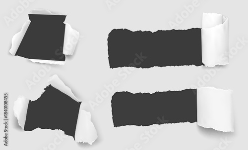 Torn paper holes set isolated on black background. Vector realistic illustration of ripped page with uneven rolled edges, holiday sale reveal effect, banner strip open for ad text, damaged sheet frame