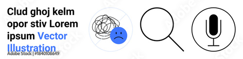 Mental health, communication tools, research, audio input, analysis, problem-solving. Sad face icon, magnifying glass microphone symbol. Mental health and communication tools theme